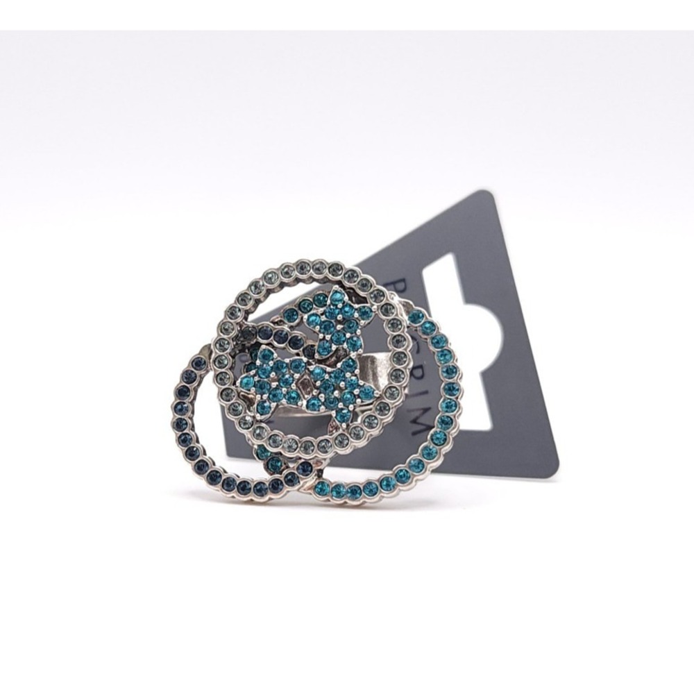 Pilgrim Circle Line Swarovski Crystal Statement Ring Blue Silver Plated NWT